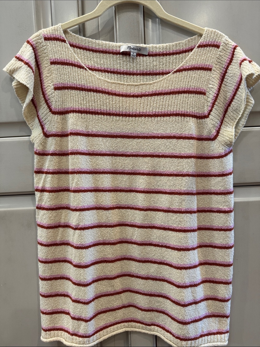 Madewell Cream Sweater with red and pink Stripes